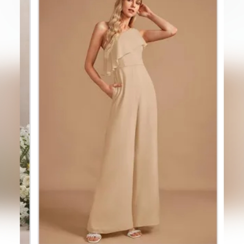 JJ'S HOUSE Champagne One Shoulder Long Chiffon Jumpsuit